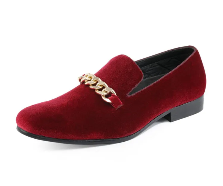 Amali Fay Burgundy Men's Velvet Slip On Loafers With Chain
