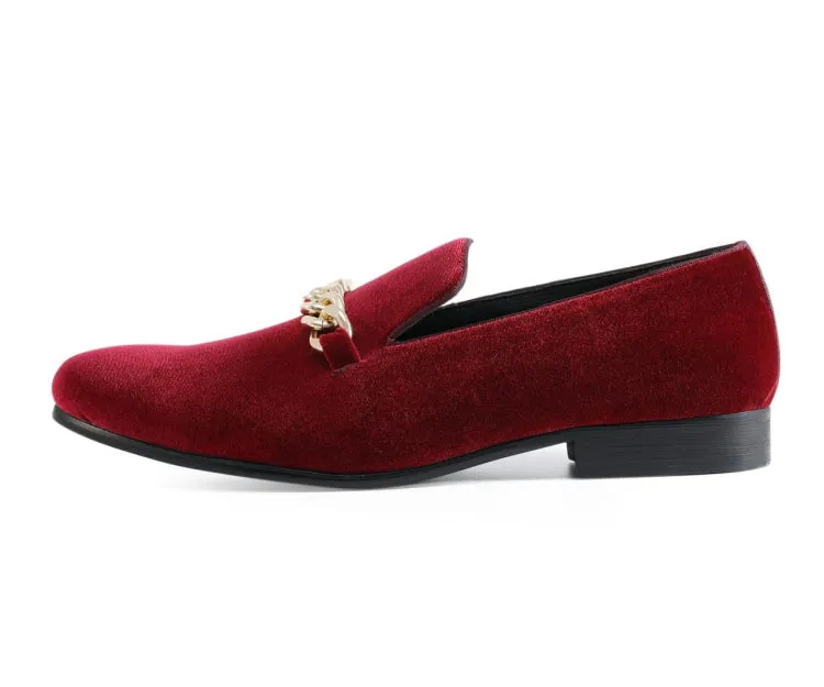 Amali Fay Burgundy Men's Velvet Slip On Loafers With Chain