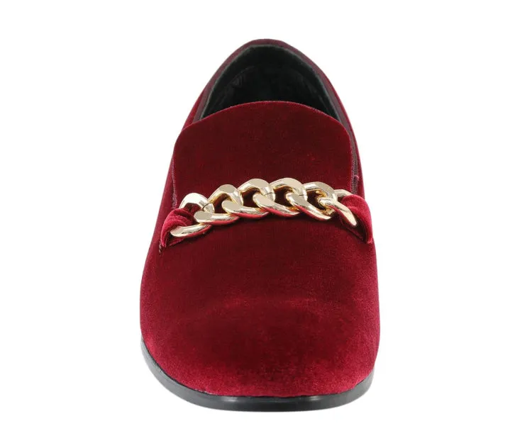 Amali Fay Burgundy Men's Velvet Slip On Loafers With Chain