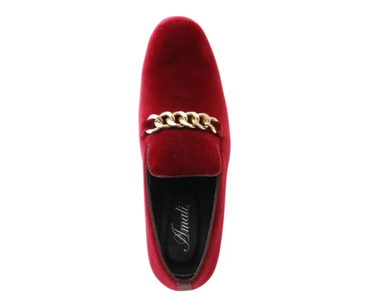 Amali Fay Burgundy Men's Velvet Slip On Loafers With Chain