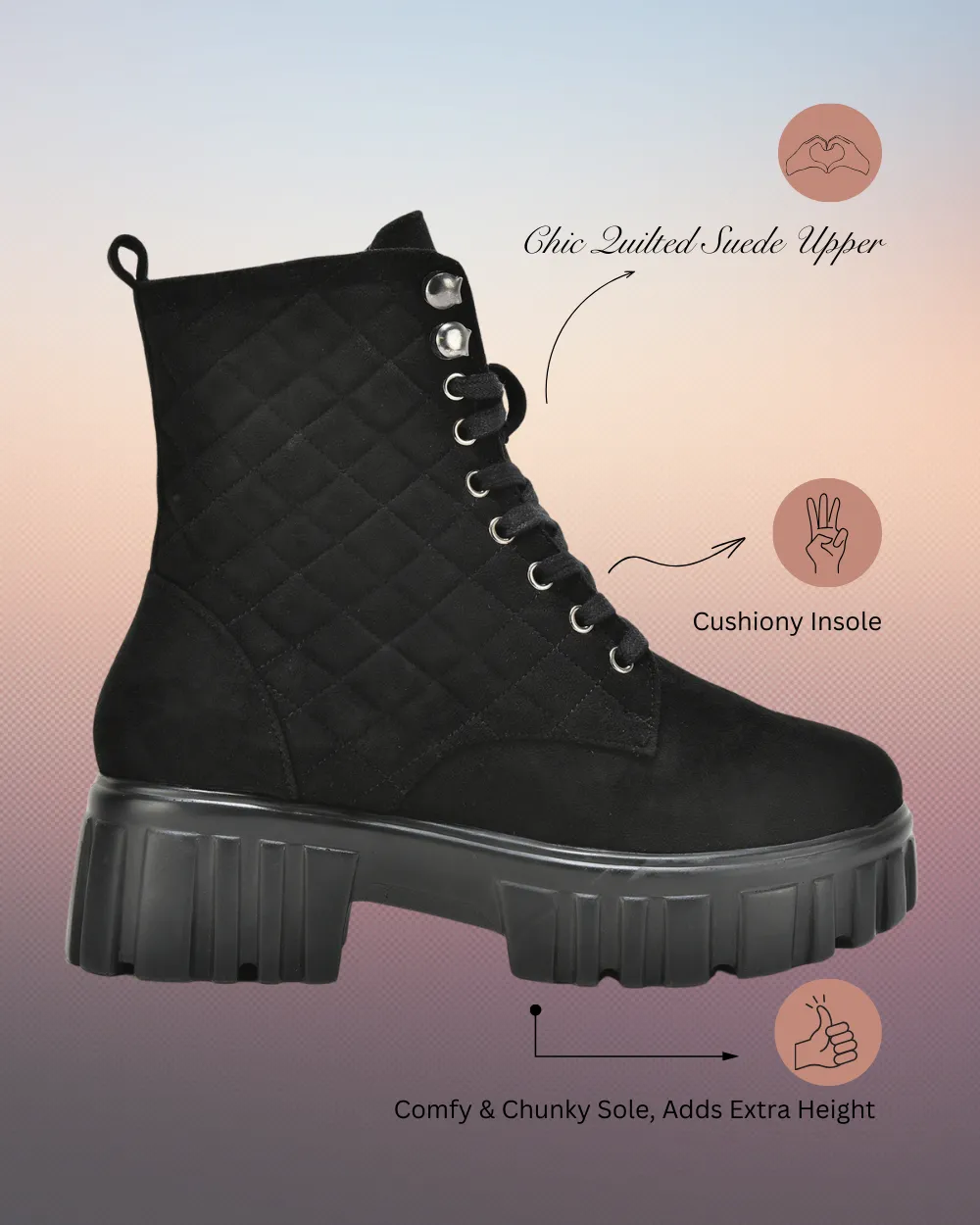 Black Suede Quilted Lace Up Ankle Boots