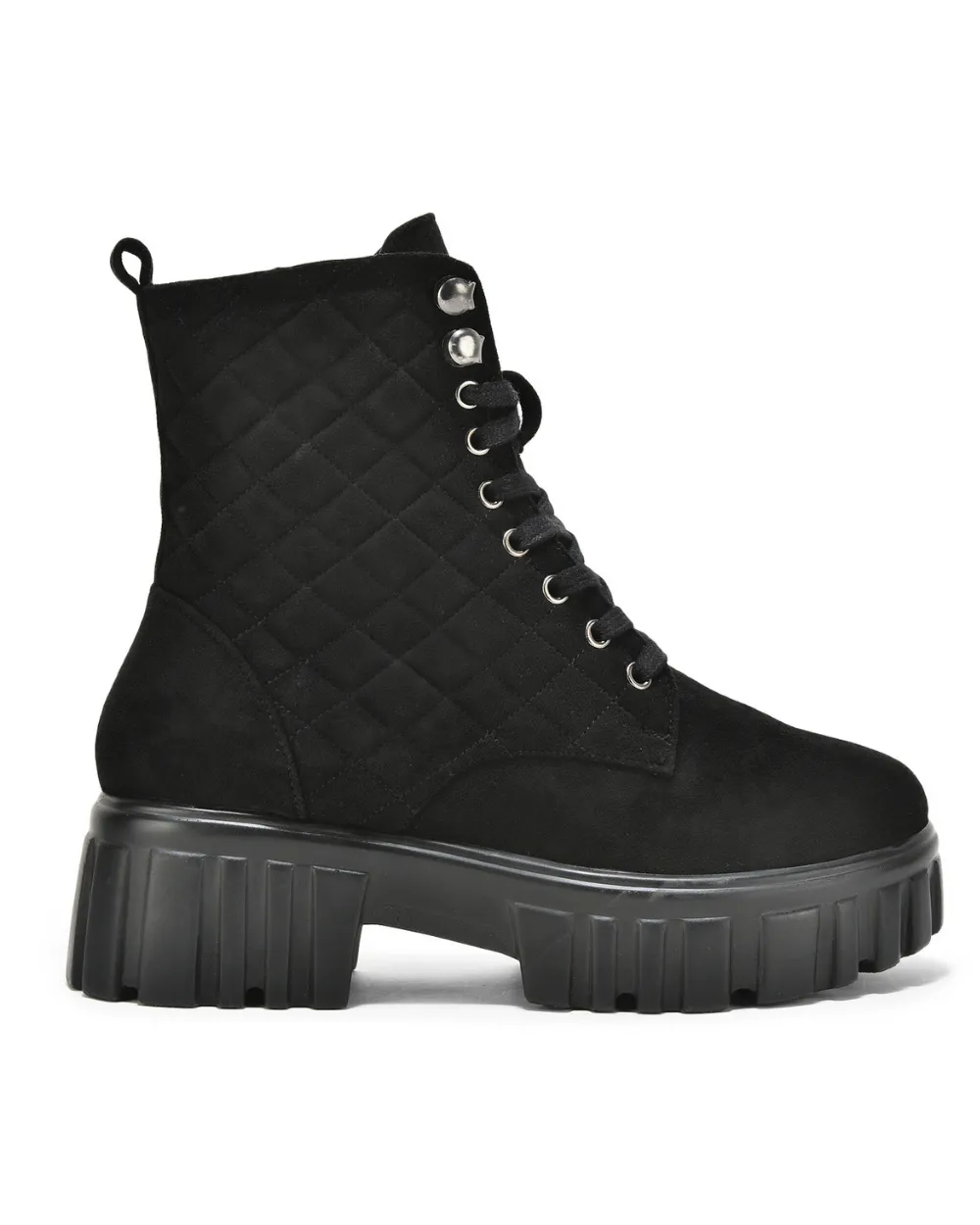 Black Suede Quilted Lace Up Ankle Boots