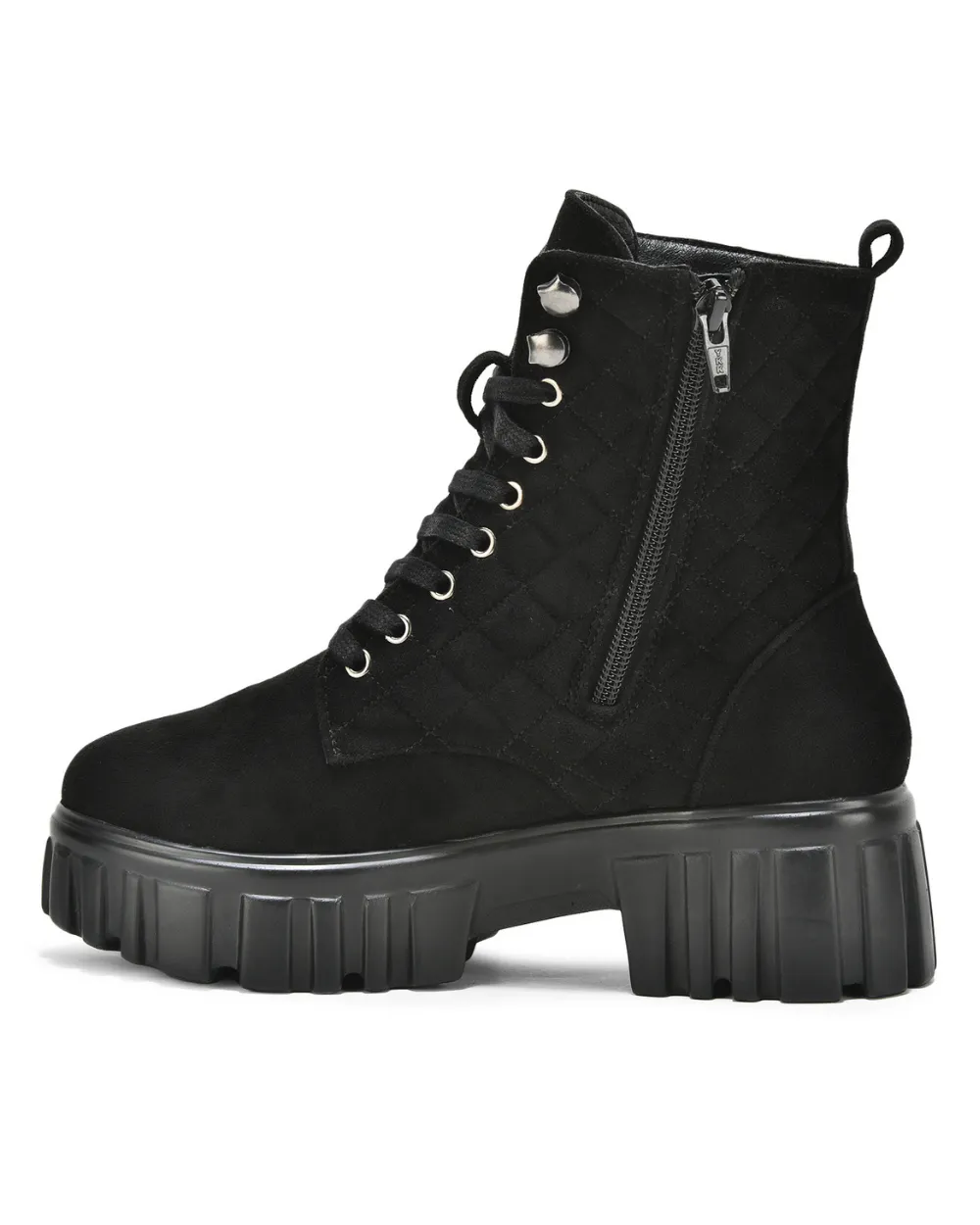 Black Suede Quilted Lace Up Ankle Boots