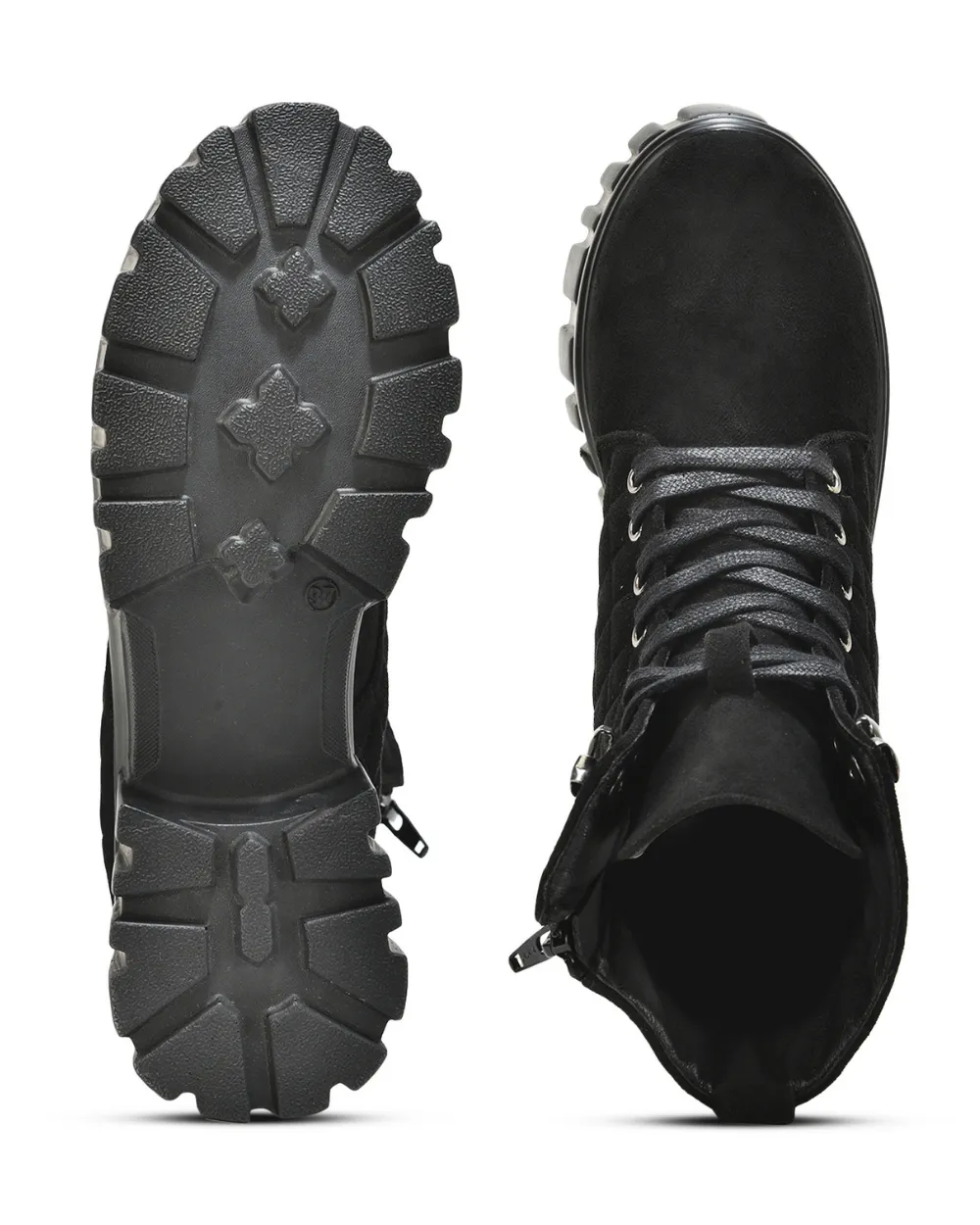 Black Suede Quilted Lace Up Ankle Boots