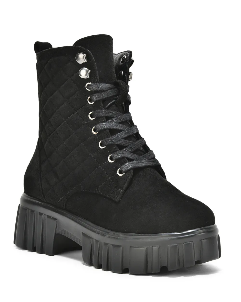 Black Suede Quilted Lace Up Ankle Boots