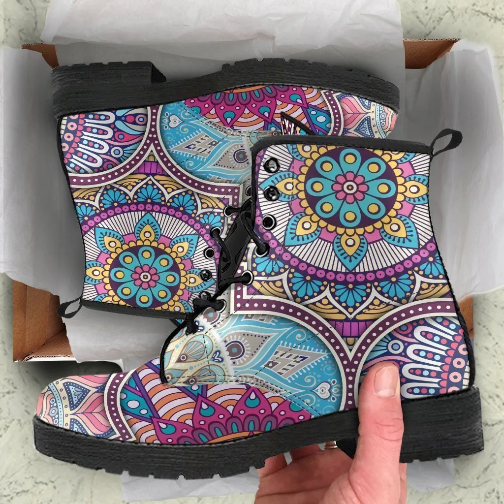 Combat Boots - Mandala Pattern | Boho Shoes, Handmade Lace Up Boots, Vegan Leather Lace Up Boots Women, 90s Boots, 2000s Boots