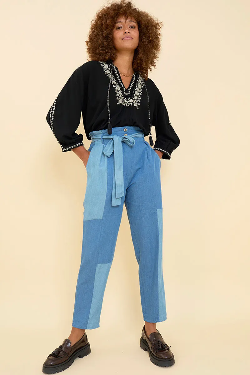 Dion Patched Denim Blue Belted Trouser