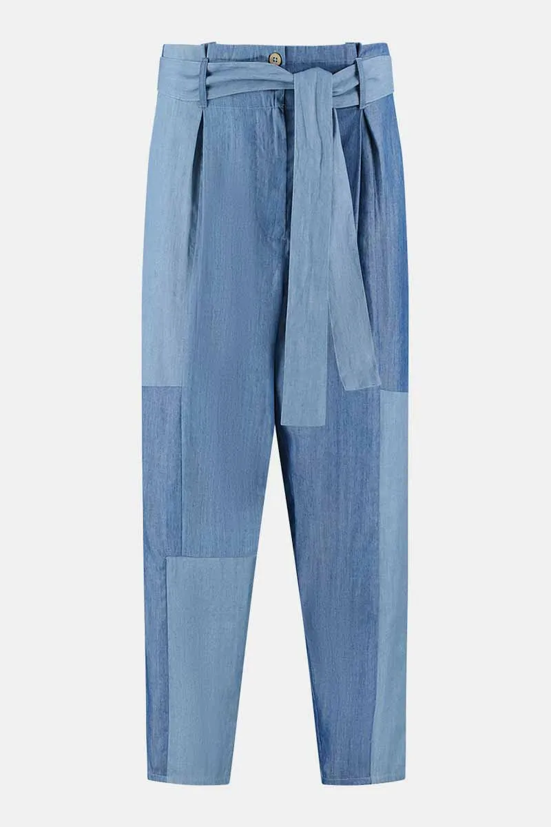 Dion Patched Denim Blue Belted Trouser