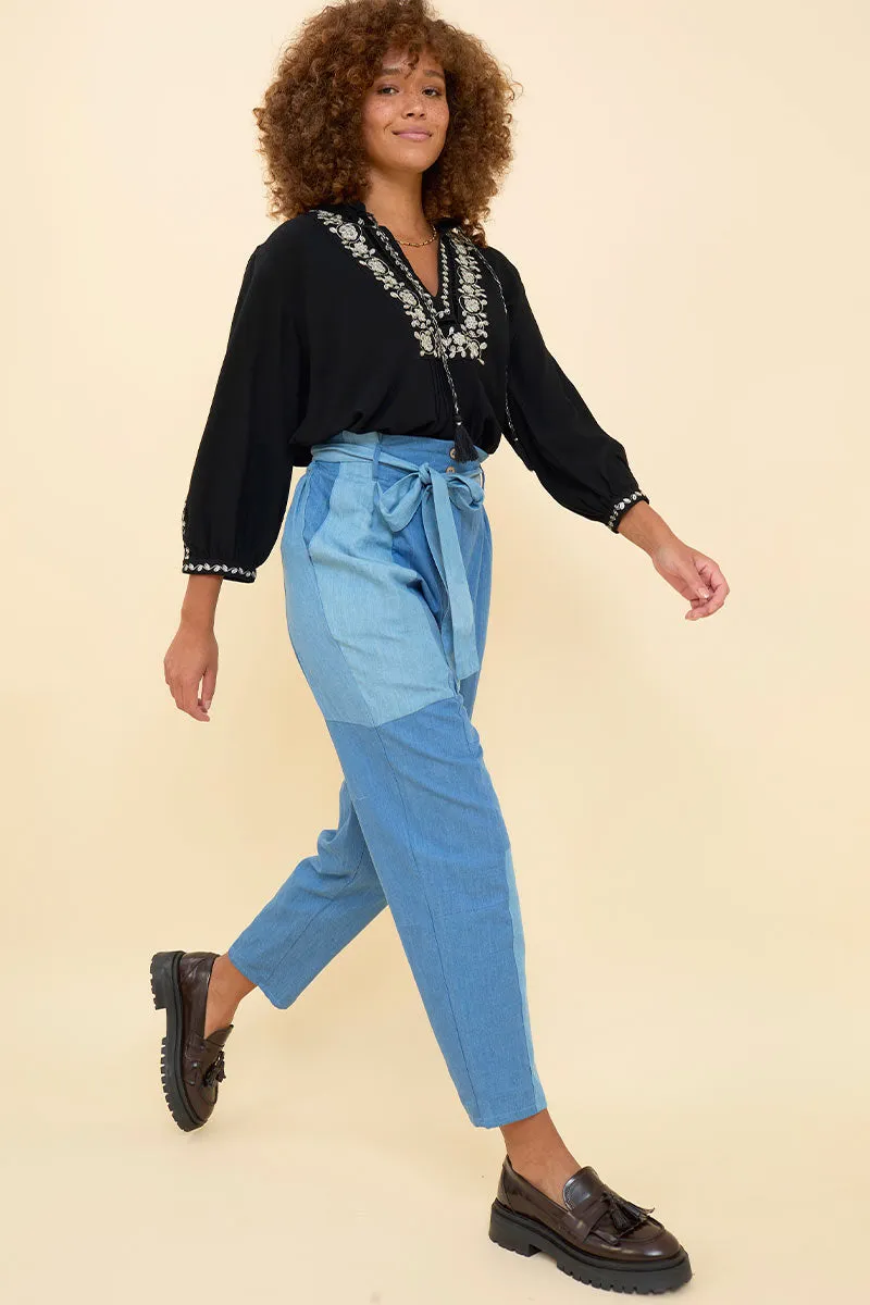 Dion Patched Denim Blue Belted Trouser