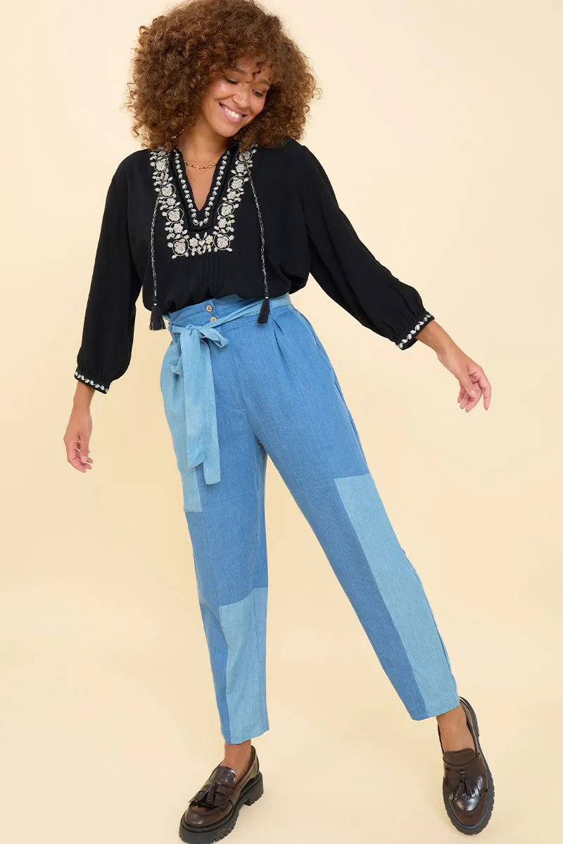 Dion Patched Denim Blue Belted Trouser