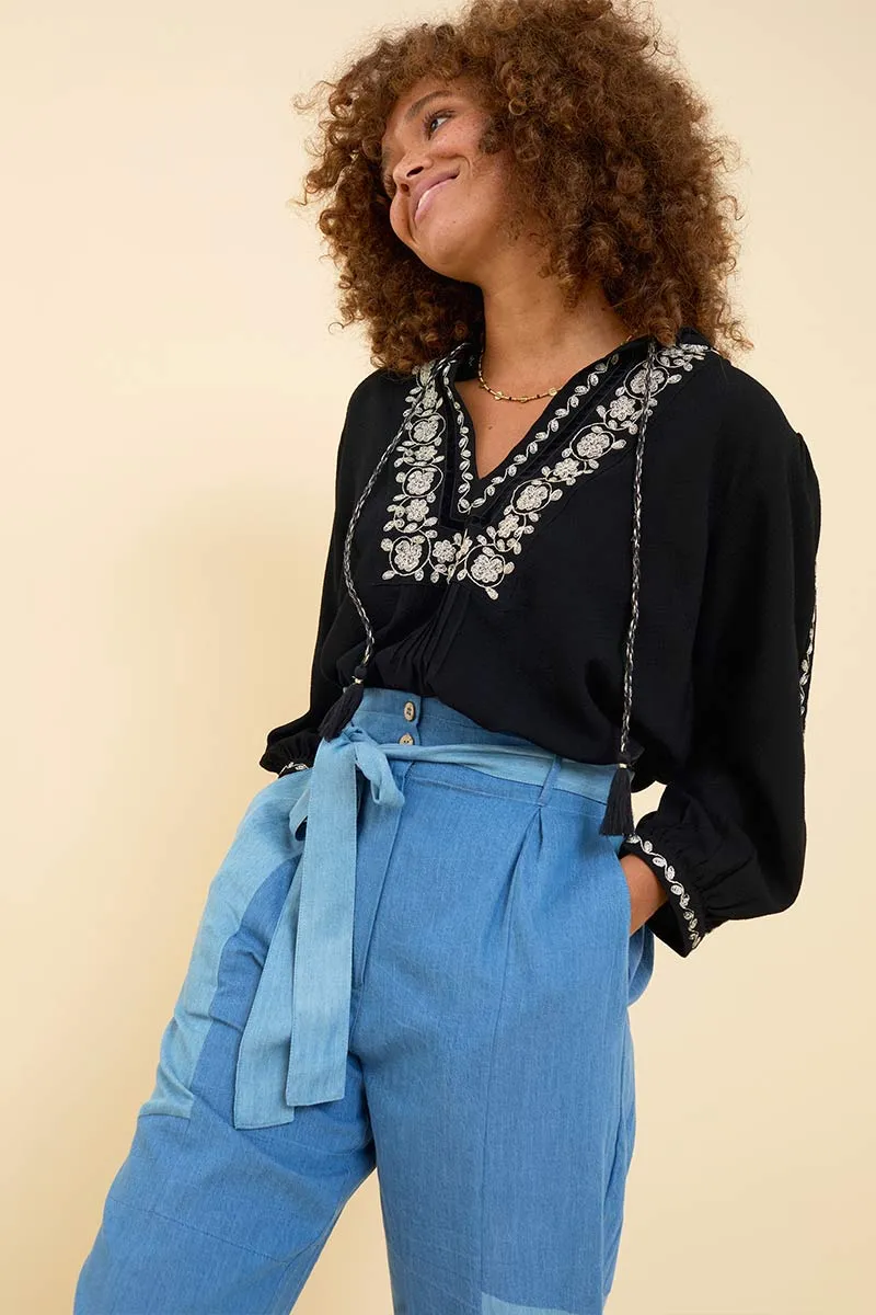 Dion Patched Denim Blue Belted Trouser