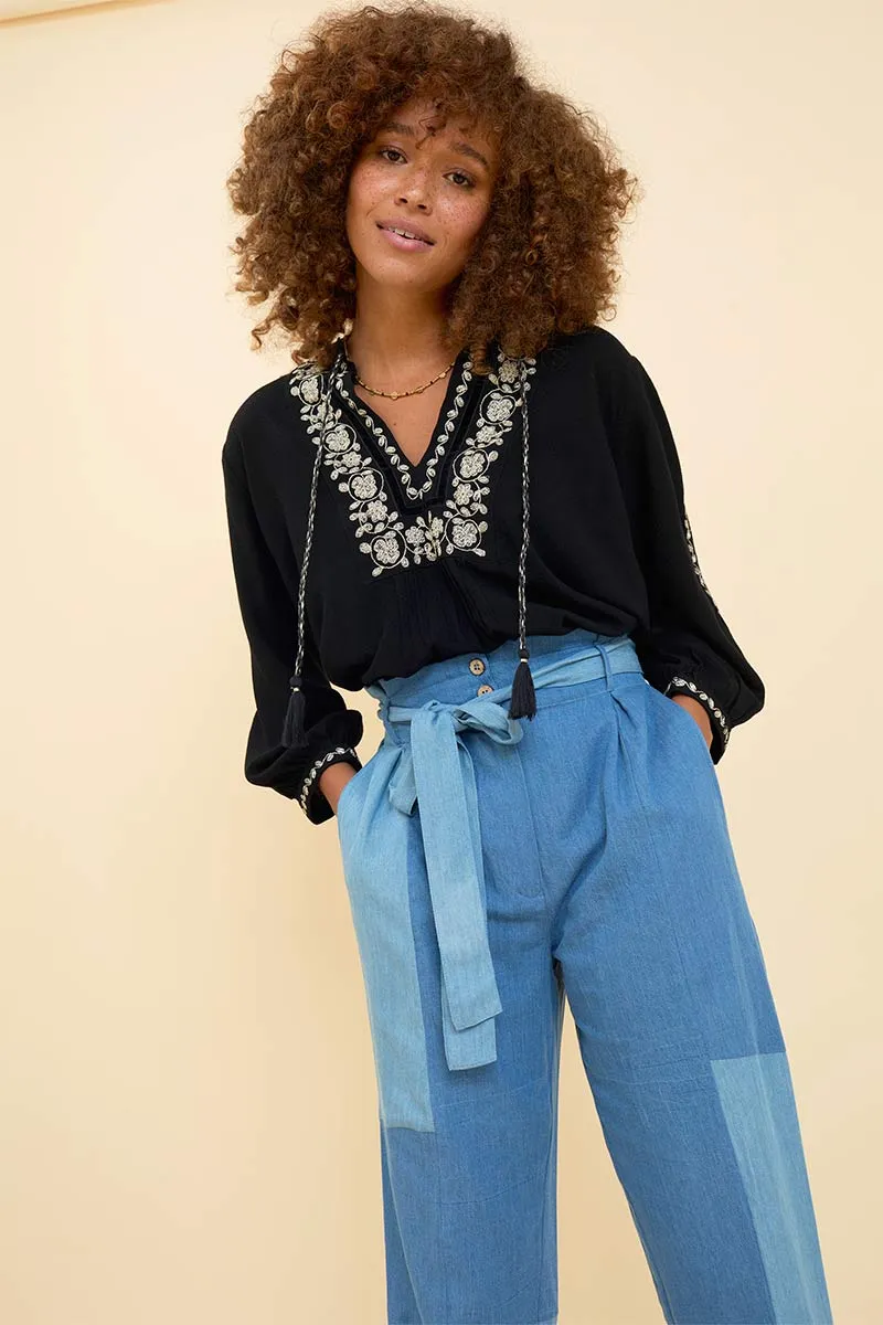Dion Patched Denim Blue Belted Trouser