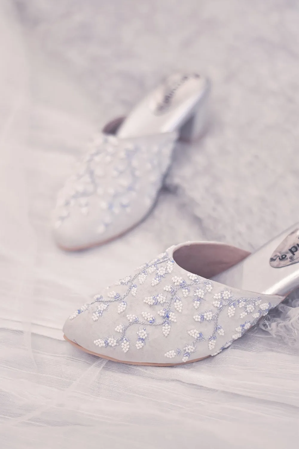 Embroidered Silver Mules