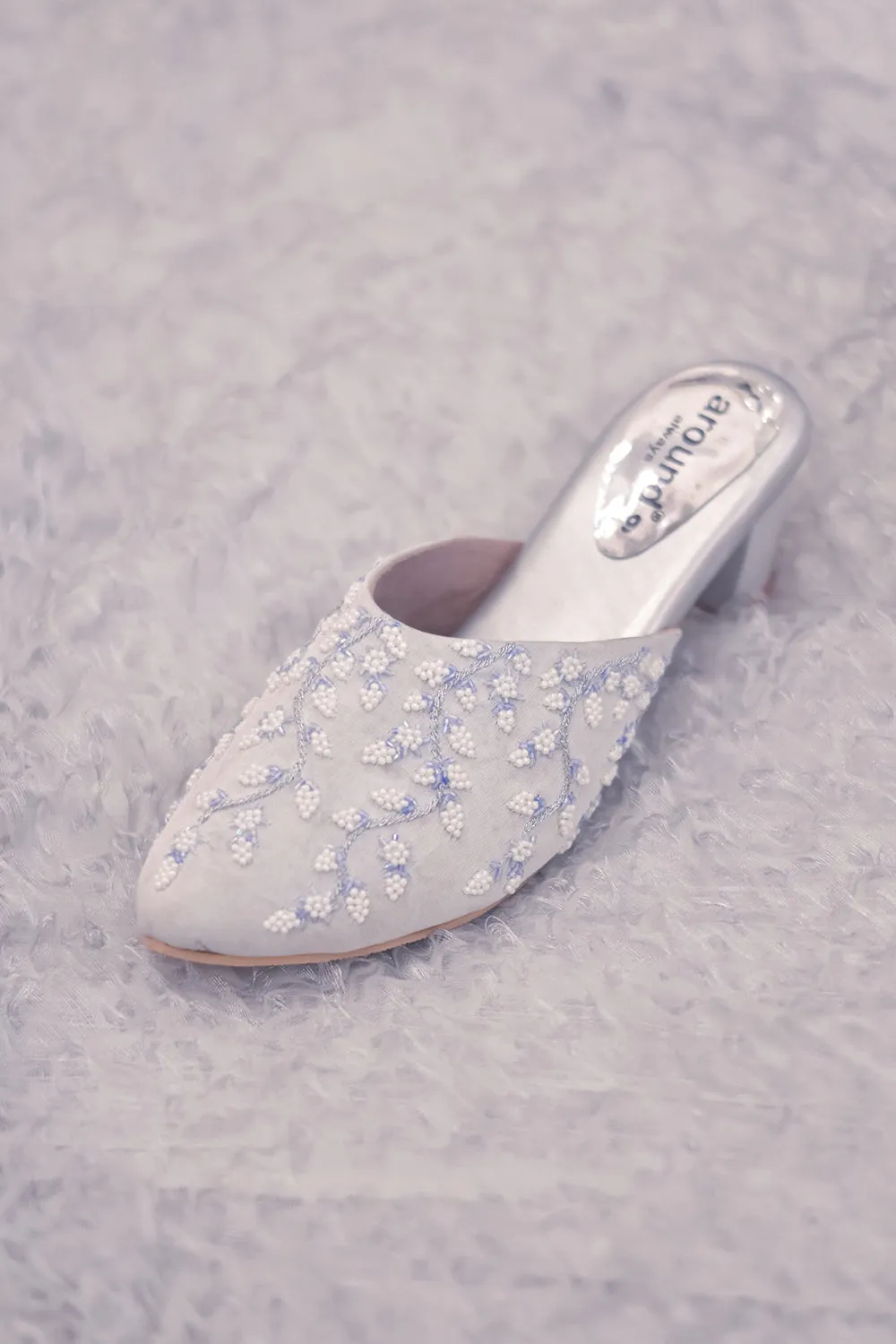 Embroidered Silver Mules