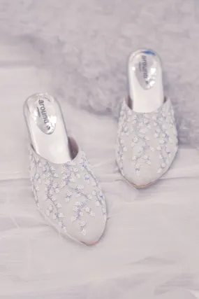 Embroidered Silver Mules