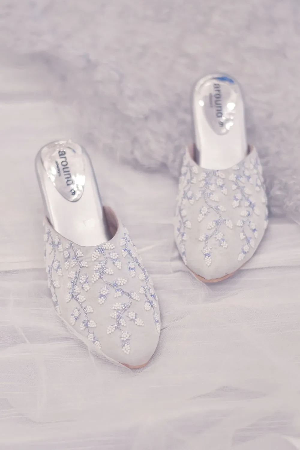 Embroidered Silver Mules