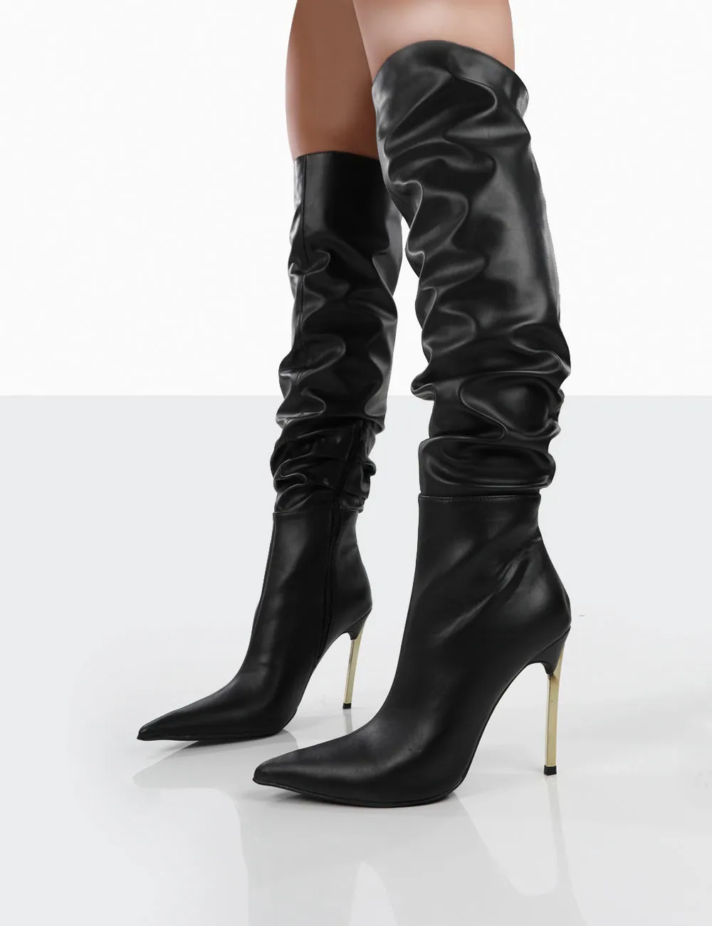 Energy Black PU Pointed Toe Over The Knee Heeled Boots