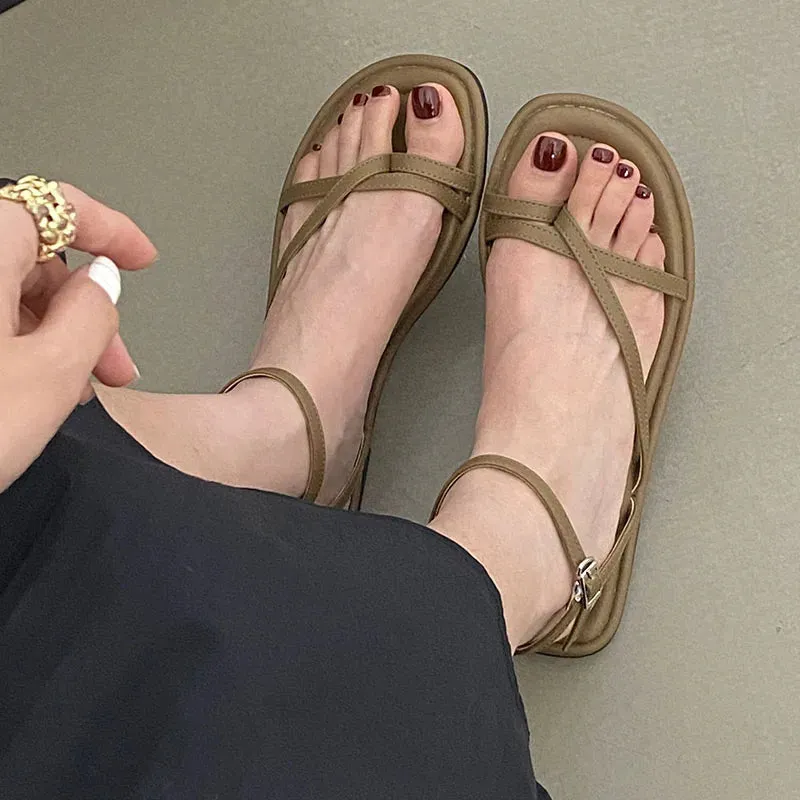 Fashion Buckle Strap Footwear Women Flats Sandals Shoes 2025 Summer Beach Female Casual Flip Flops Ladies Flat With Sandals