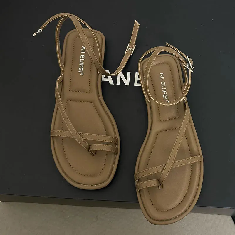 Fashion Buckle Strap Footwear Women Flats Sandals Shoes 2025 Summer Beach Female Casual Flip Flops Ladies Flat With Sandals