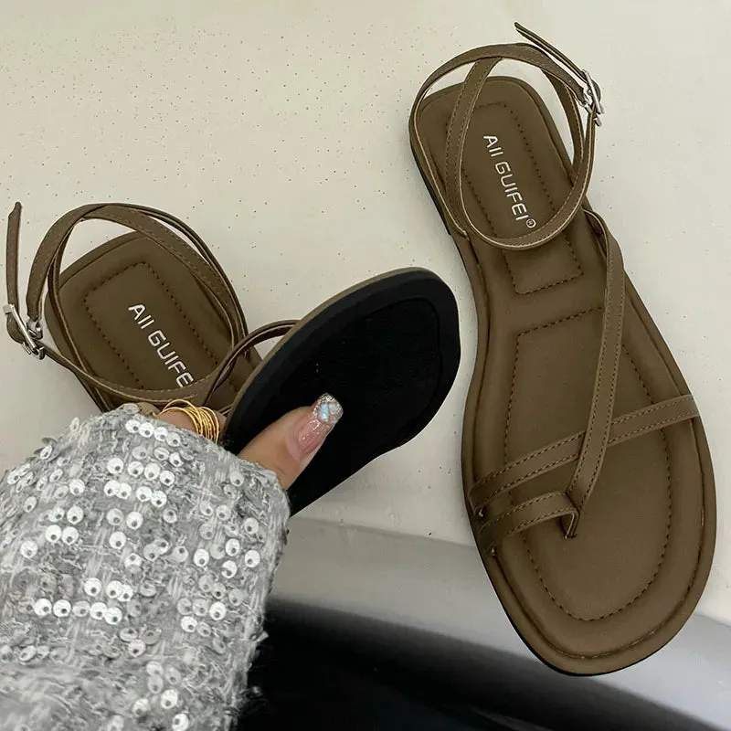Fashion Buckle Strap Footwear Women Flats Sandals Shoes 2025 Summer Beach Female Casual Flip Flops Ladies Flat With Sandals