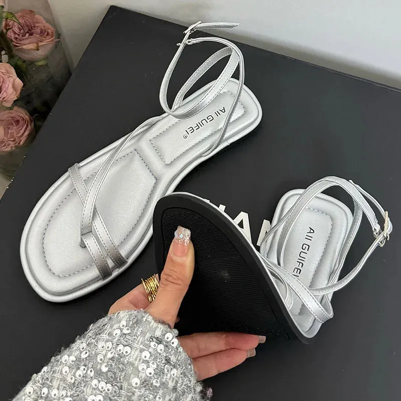 Fashion Buckle Strap Footwear Women Flats Sandals Shoes 2025 Summer Beach Female Casual Flip Flops Ladies Flat With Sandals
