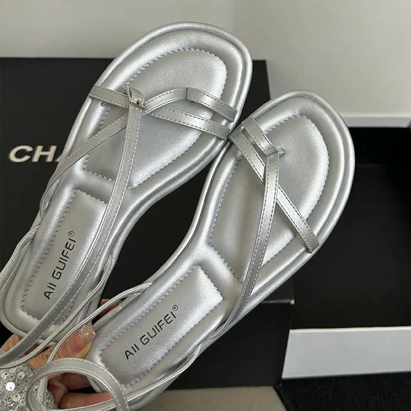 Fashion Buckle Strap Footwear Women Flats Sandals Shoes 2025 Summer Beach Female Casual Flip Flops Ladies Flat With Sandals