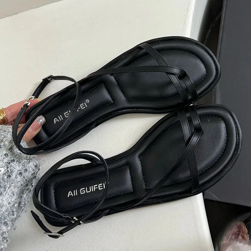 Fashion Buckle Strap Footwear Women Flats Sandals Shoes 2025 Summer Beach Female Casual Flip Flops Ladies Flat With Sandals
