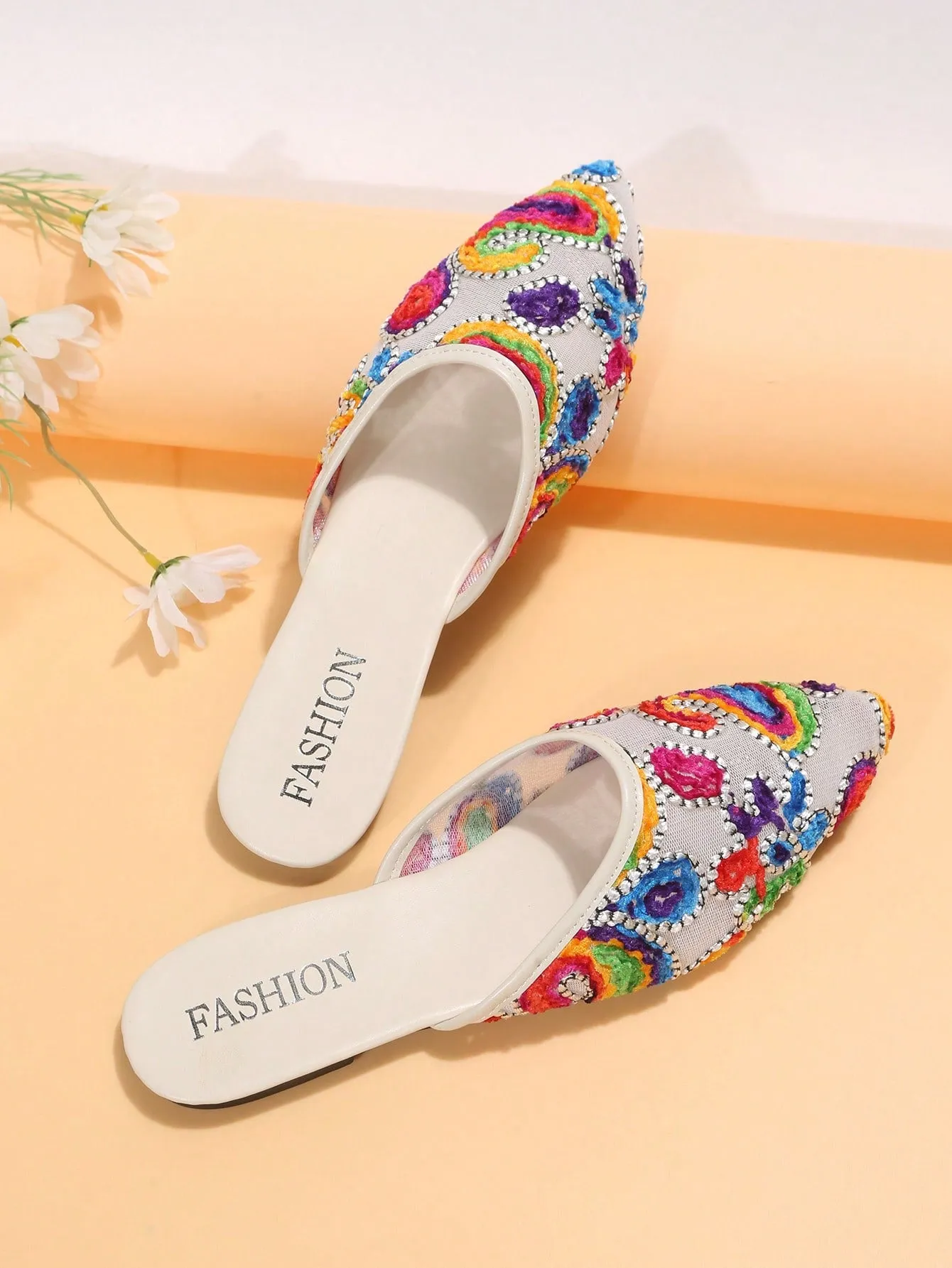 Fashion Flats For Women, Colorblock Embroidery Detail Point Toe Flat Mules