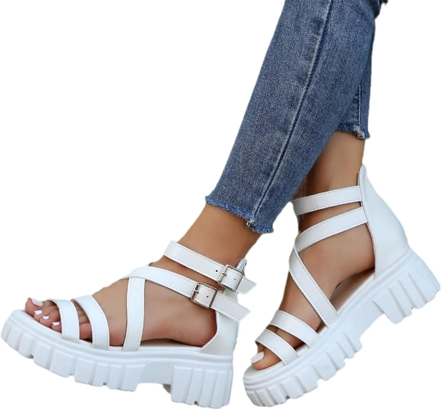 Hollow Strappy Sandals for Women Lug Sole Thick-Sole Roman-Sandal Summer Trendy Beach Sandal Holiday Shoes