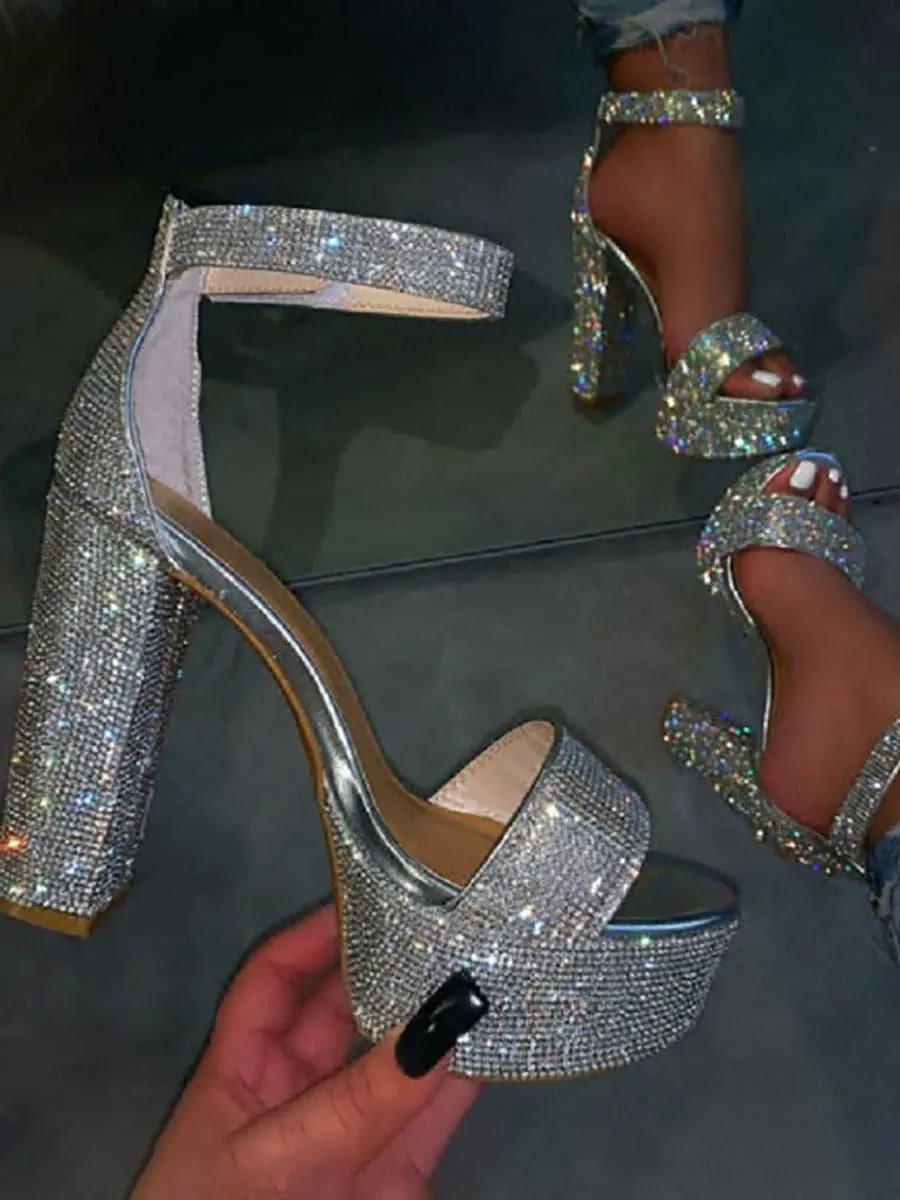Inlay Rhinestone Thick High Heel Sandals MHE1031