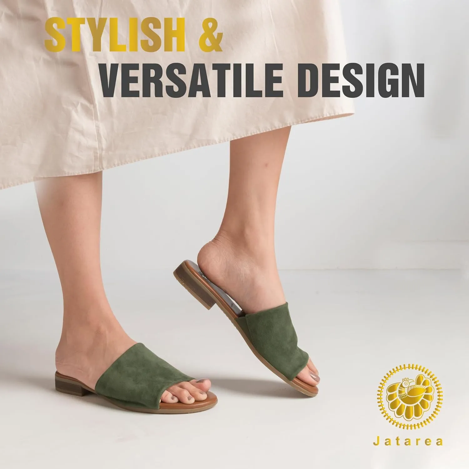 JATAREA Womens Slip-On Leather Flat Sandals with Round Open Toe | Classic and Trendy Slippers - CAVERY