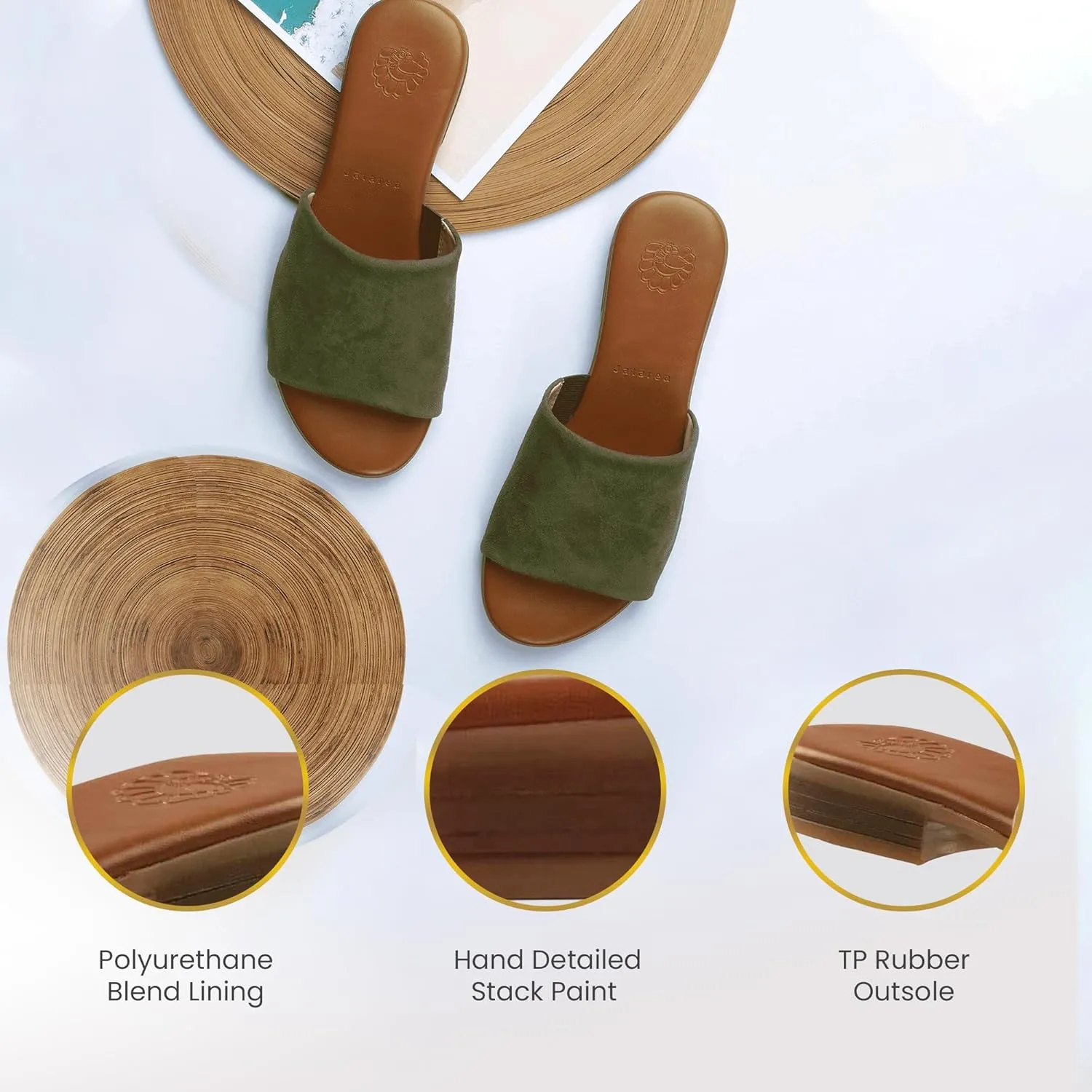 JATAREA Womens Slip-On Leather Flat Sandals with Round Open Toe | Classic and Trendy Slippers - CAVERY