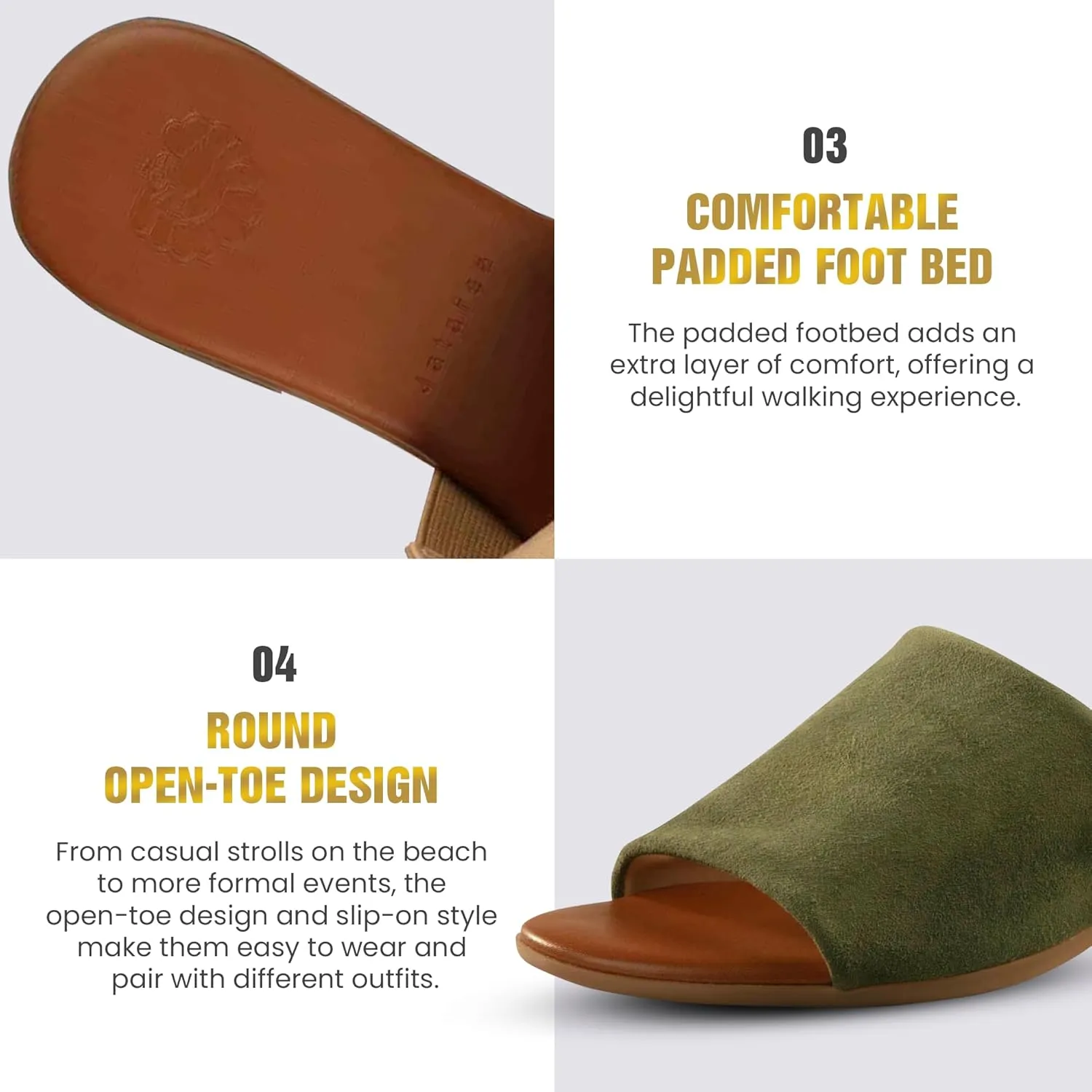 JATAREA Womens Slip-On Leather Flat Sandals with Round Open Toe | Classic and Trendy Slippers - CAVERY
