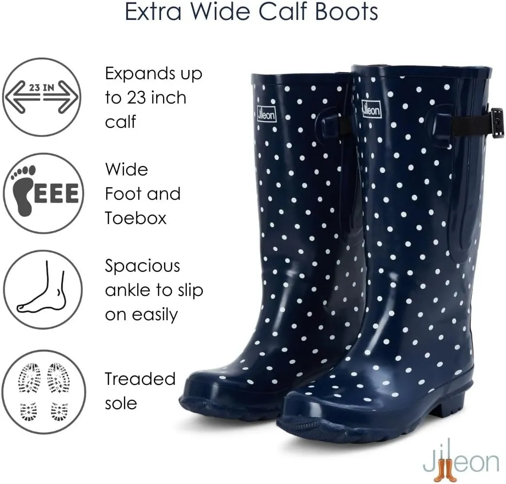 Jileon Extra Wide Calf Rain Boots - Ideal for Wide Feet, Ankles & Calves - Fit 16 to 23 Calves - Durable & Waterproof