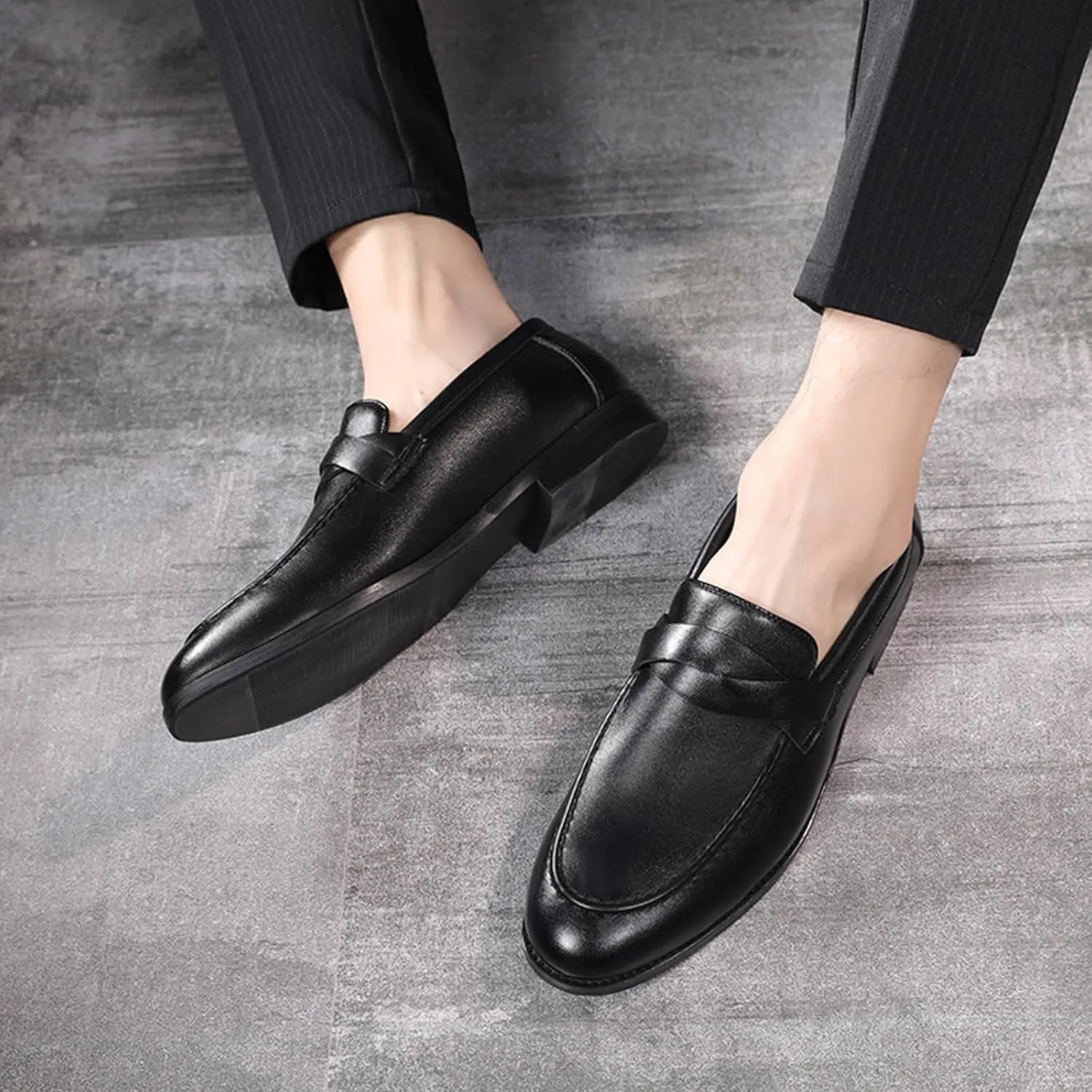 Men's Leather Shoes, Large Size Slip On Business Casual Low Top Loafers Pointed Toe Comfortable Breathable Mens Driving Shoes, 42 EU,Black