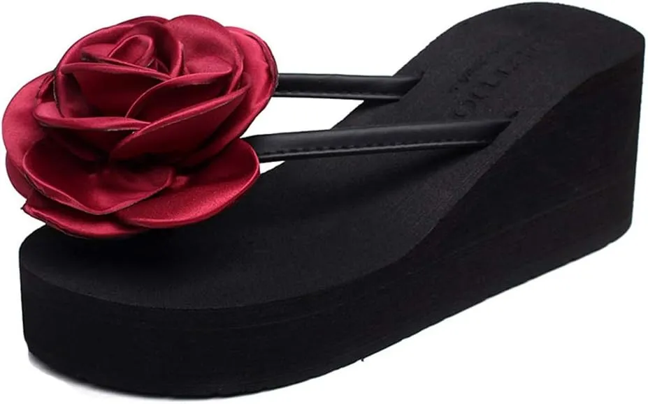 MIOKE Womens Flower Wedge High Heel Flipflops Summer Platform Comfort Anti-slip Beach Thong Sandals Black