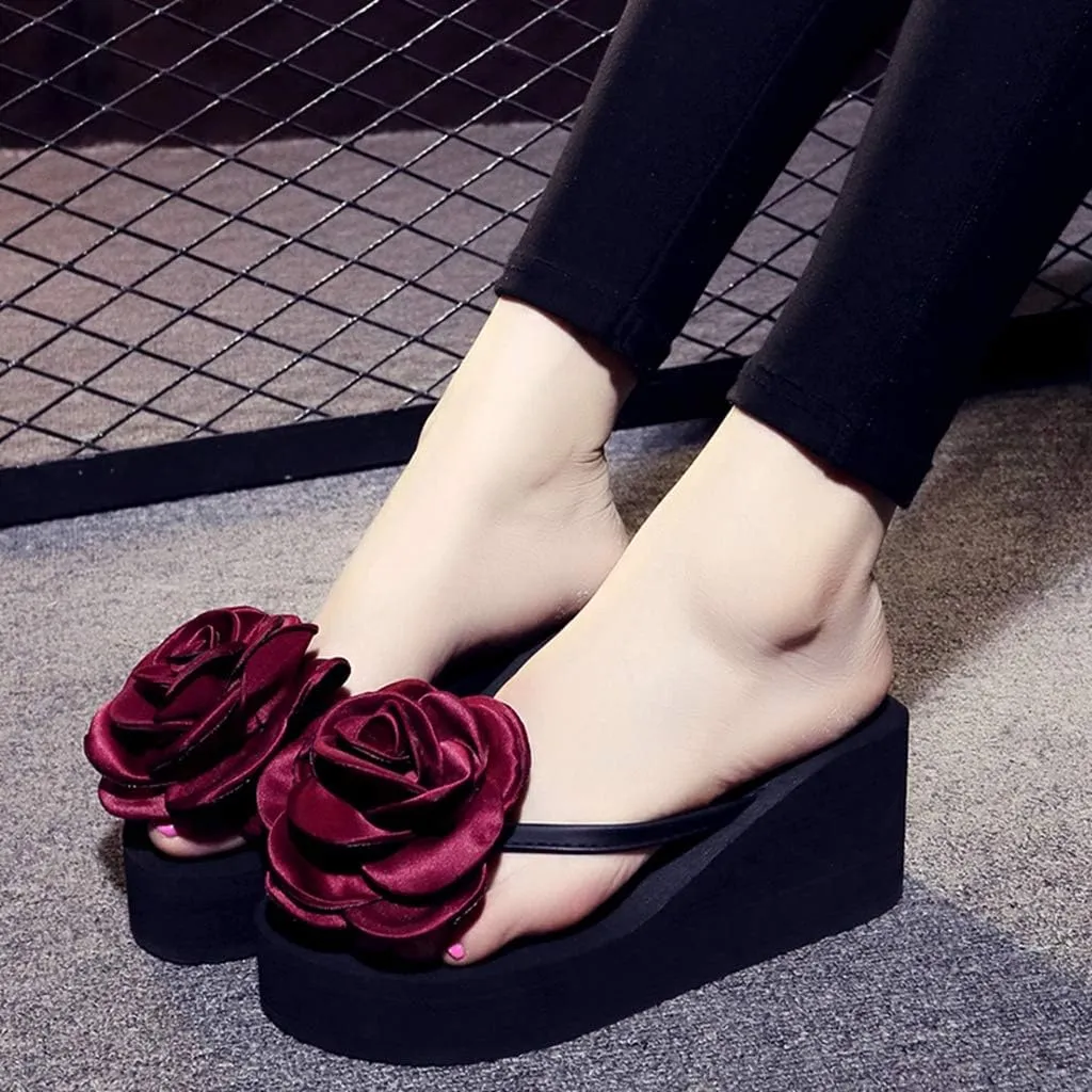 MIOKE Womens Flower Wedge High Heel Flipflops Summer Platform Comfort Anti-slip Beach Thong Sandals Black