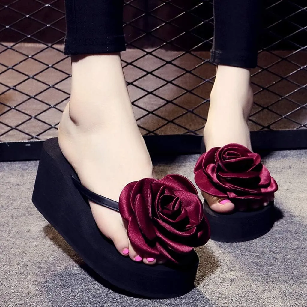 MIOKE Womens Flower Wedge High Heel Flipflops Summer Platform Comfort Anti-slip Beach Thong Sandals Black