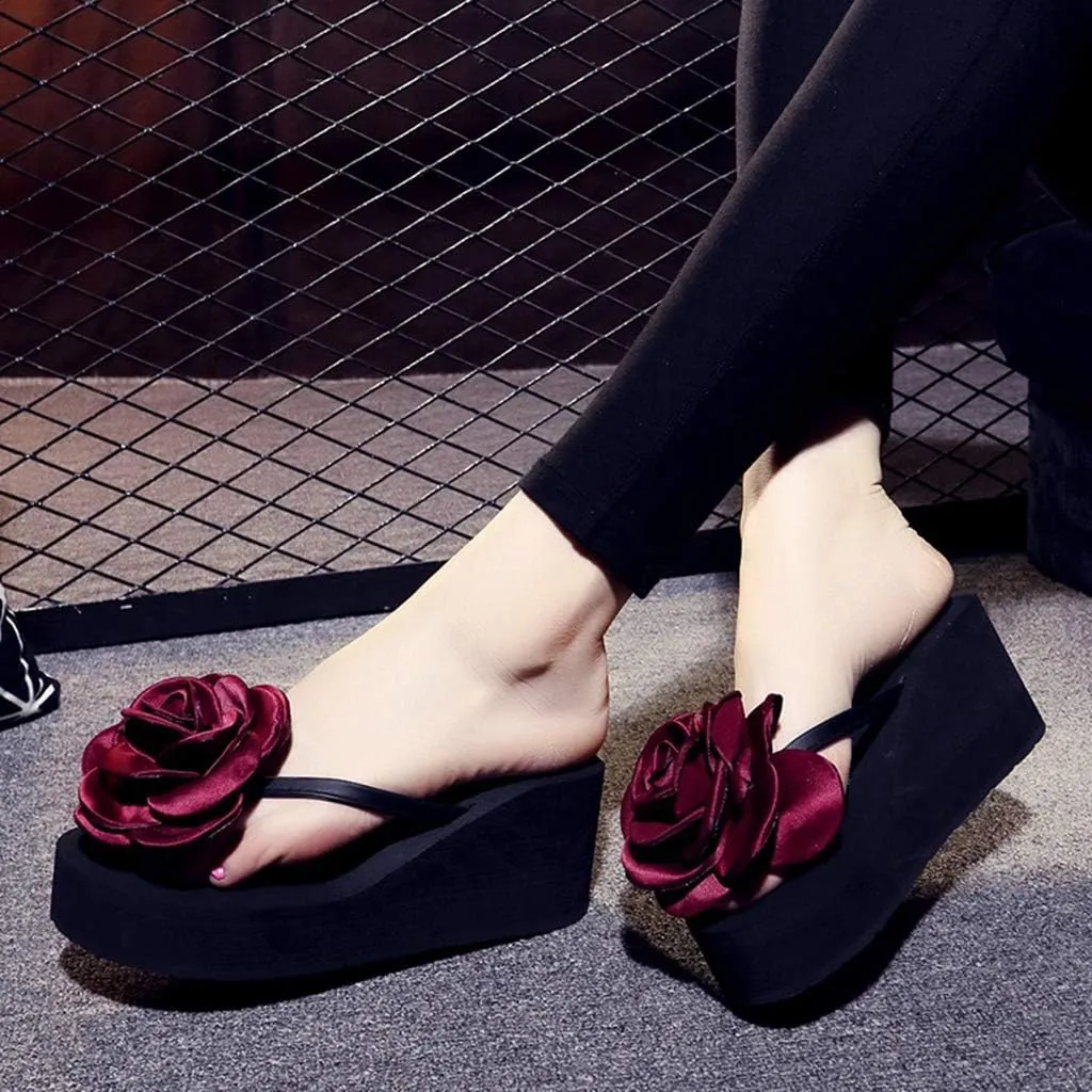 MIOKE Womens Flower Wedge High Heel Flipflops Summer Platform Comfort Anti-slip Beach Thong Sandals Black