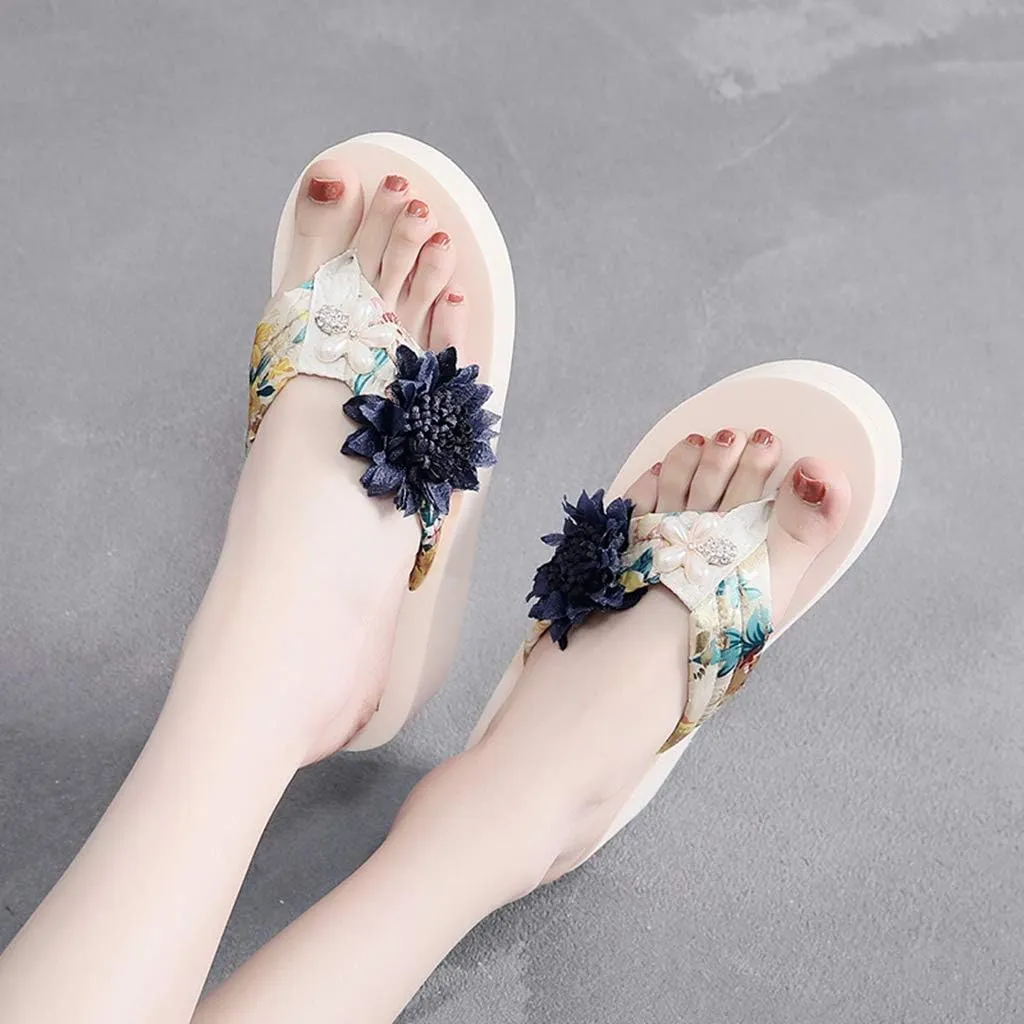 MIOKE Women's Flower Wedge High Heel Flipflops Summer Platform Comfort Anti-slip EVA Beach Thong Sandals