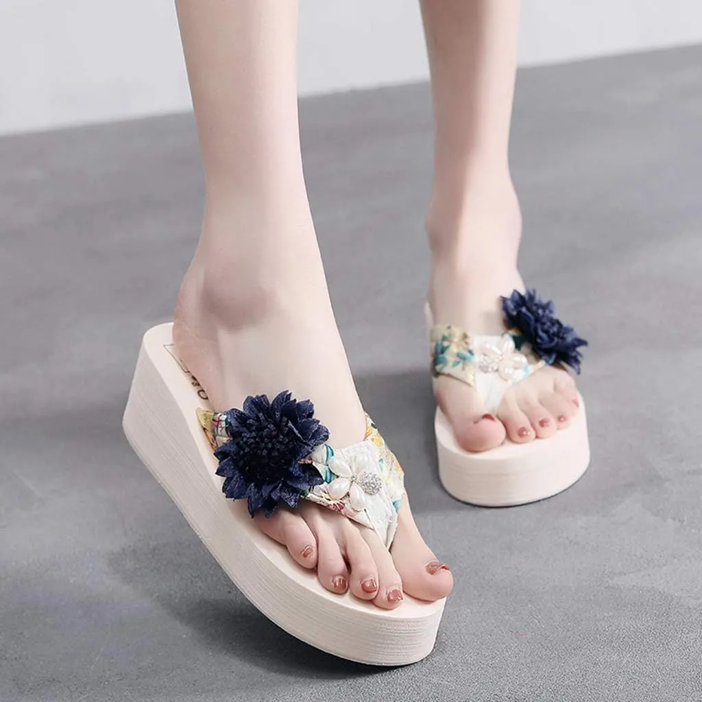 MIOKE Women's Flower Wedge High Heel Flipflops Summer Platform Comfort Anti-slip EVA Beach Thong Sandals