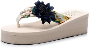 MIOKE Women's Flower Wedge High Heel Flipflops Summer Platform Comfort Anti-slip EVA Beach Thong Sandals