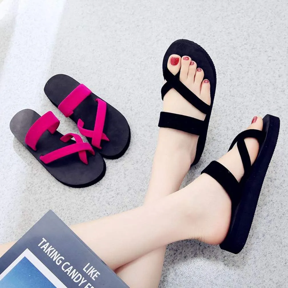 MIOKE Women's Strappy Flat Flipflops Summer Platform Slip On Comfort Nonslip Casual Beach Thong Sandals