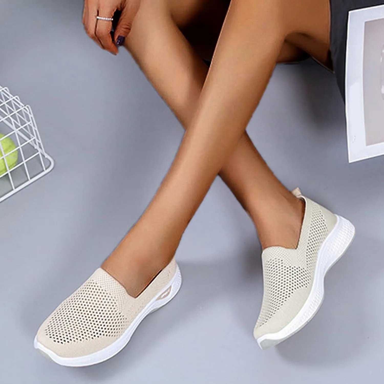 Orthowalk Shoes for Women Orthopedic Arch Support Woven Mesh Breathable Soft Sneakers Slip On Wide Width L𝐨w Heel Lightweight Dress Shoes