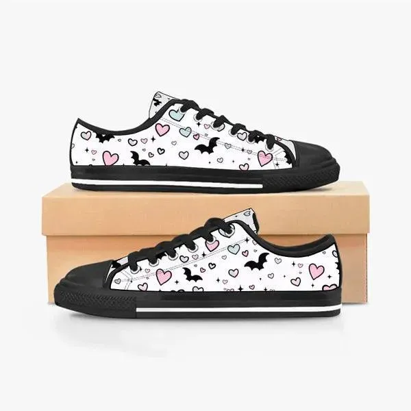 Pastel Goth Bat and Hearts Low Top Canvas Sneakers -In Lavender