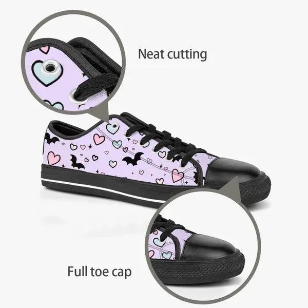 Pastel Goth Bat and Hearts Low Top Canvas Sneakers -In Lavender