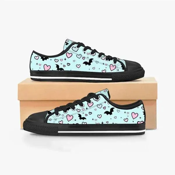 Pastel Goth Bat and Hearts Low Top Canvas Sneakers -In Lavender
