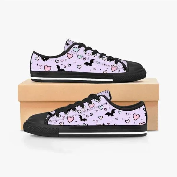 Pastel Goth Bat and Hearts Low Top Canvas Sneakers -In Lavender