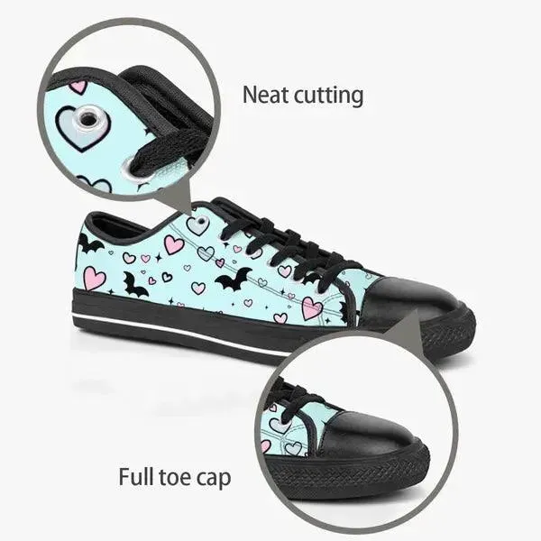 Pastel Goth Bat and Hearts Low Top Canvas Sneakers -In Lavender