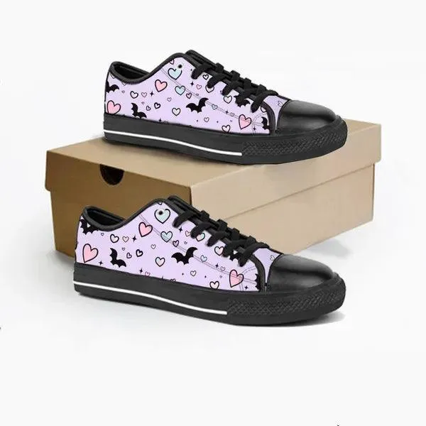 Pastel Goth Bat and Hearts Low Top Canvas Sneakers -In Lavender